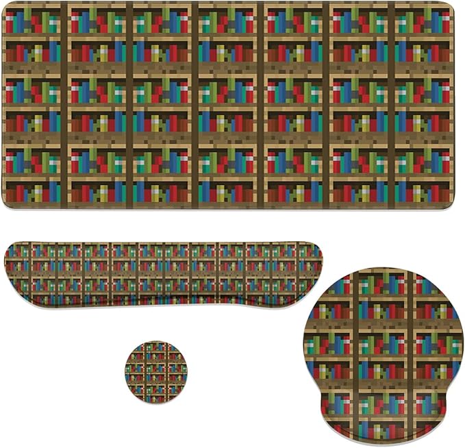 Bookshelf Mouse Pad Set Educational Bookcase Pixel Game Gaming Mousepad 4in1 Desk Mat for Desktop Wrist Support Cup Coaster Set Ergonomic Computer Desk Arm Wrist for Decor Home Office