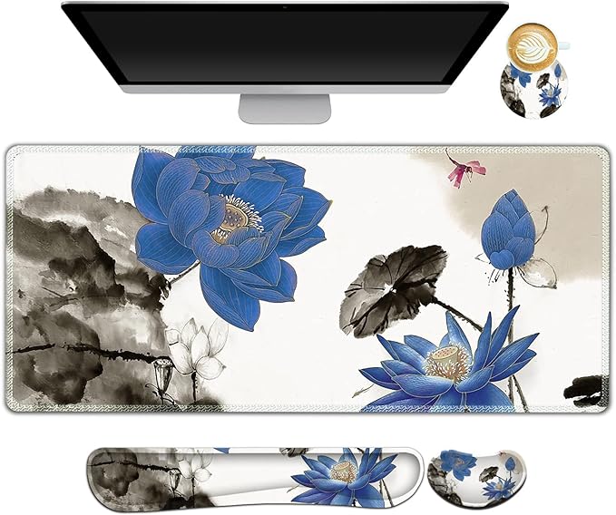 Extended Gaming Mouse Pad Set, Keyboard Wrist Rest Support Pad + Wrist Cushion + XXL Large Mouse Pad + Coaster, Stitched Edge, Non-Slip, Memory Foam Desk Mat, Blue Lotus Ink Painting