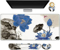 Extended Gaming Mouse Pad Set, Keyboard Wrist Rest Support Pad + Wrist Cushion + XXL Large Mouse Pad + Coaster, Stitched Edge, Non-Slip, Memory Foam Desk Mat, Blue Lotus Ink Painting