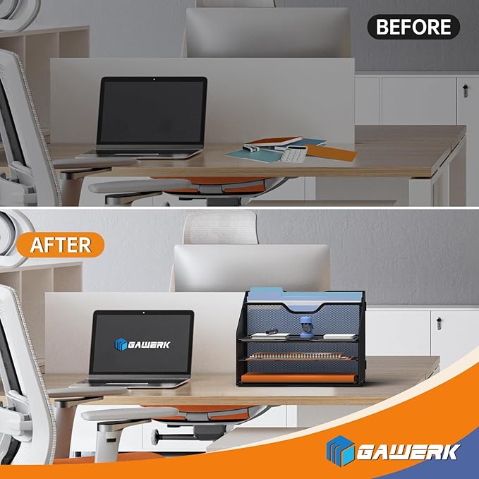 GAWERK Letter Tray Organizer, Mesh Desk File Organizer with 3 Paper Trays and 2 Vertical Upright Section (Silver)
