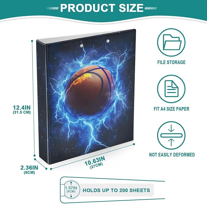 3 Ring Binders Lightning Basketball 1.5 Inch Round Ring Binders with Pockets Decorative Clipboard Binder Holds 200 Sheets View Binder for Home School Office,2 Pack