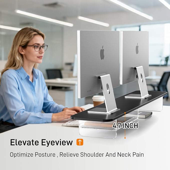 AFOOYO Large Dual Monitor Stand For Desk,43 Inch Desktop Computer Riser with Felt Drawer Acrylic Legs Desk Shelf Organizer For Computer/Laptop/PC/Printer/TV