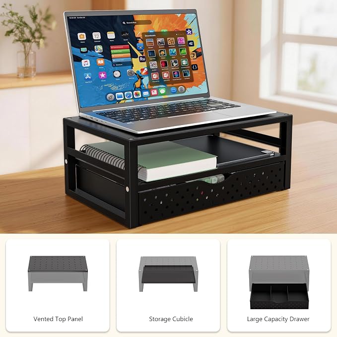 WALI Monitor Stand Riser with Drawer, Desk Organizers and Accessories for Computer, Printer, Laptop Stand for Home Office Supplies, (PTT005-B), 1 Pack, Black