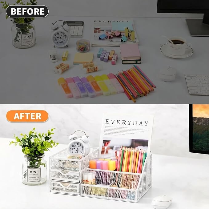 Lavatino Mesh Desk Organizer with 6 Compartments & 2 Drawers, Larger Multi-functional Desktop and Workspace Accessories Organizer for Office, Classroom, Dorm Supplies (White)