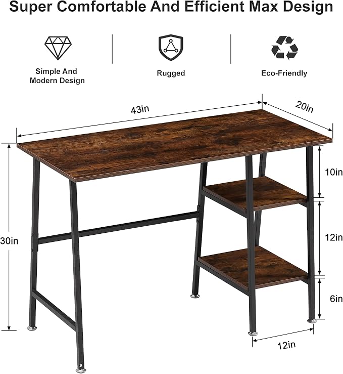 VECELO 43.1 Inch Computer Desk Home Office Walnut Study Desk Work Office Table with Shelves Wooden Desk for Bedroom