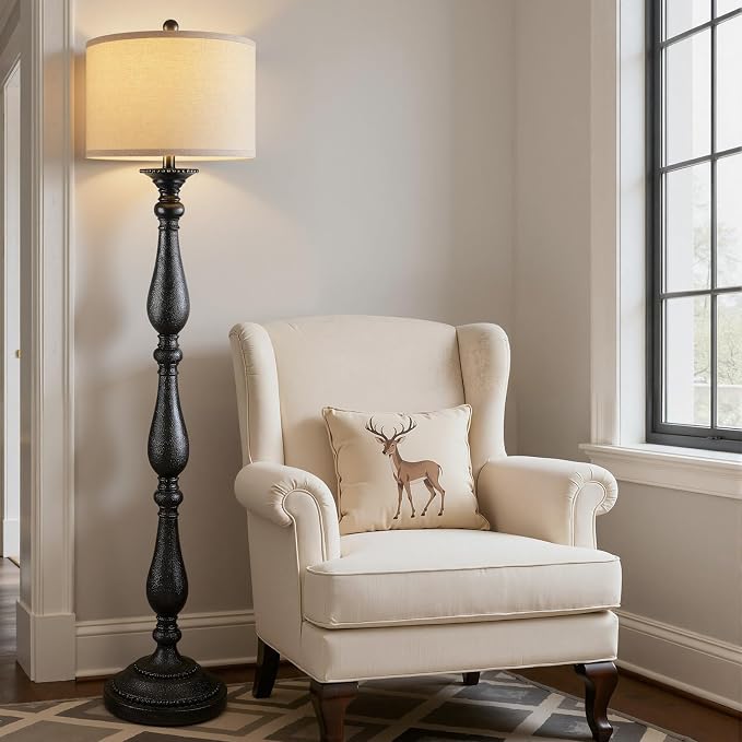 Vintage Floor Lamp for Living Room, Rustic Farmhouse Standing Lamp with Rotary Switch and Linen Shade, Retro Resin Floor Lamp for Bedroom, Corner, Dining Room, House Decor, Black
