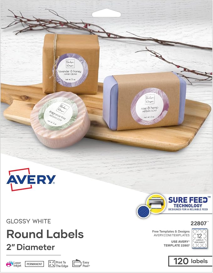 Avery Printable Round Labels with Sure Feed, 2" Diameter, Glossy White, 600 Customizable Labels (22807)