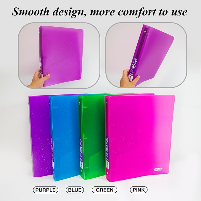 BAZIC Products 1" Glitter Poly 3-Ring Binder, 1 Pocket, 4-Set | round rings, 1 in glitter poly 3-ring binder, 1 inside pocket, holds up to 175 sheets, Durable poly