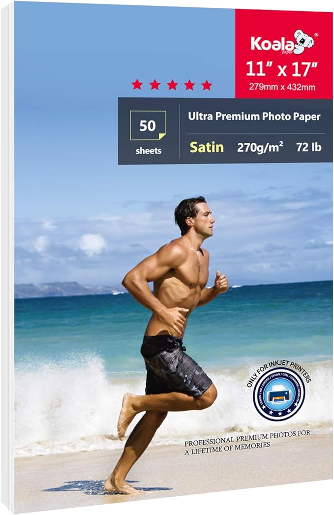 Koala Ultra Premium Photo Paper 11x17 In Satin Photo Printer Paper for Inkjet Printer Water-Resistant Semi Gloss 50 Sheets 72lb