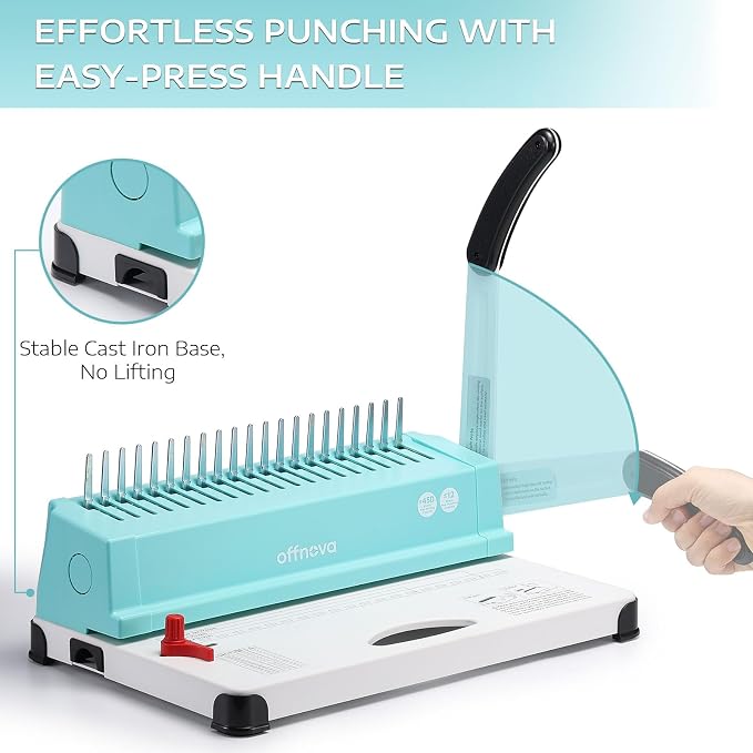 OFFNOVA Binding Machine, 21-Hole 450 Sheets Paper Comb Punch Binder Machine for Letter Size / A4 / A5 Paper, Easy to Punch Handle, Adjustable Margin, Mint with White Base