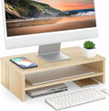 FITUEYES Wooden Monitor Stand Riser, 2-Tier Desk Storage Shelf, Oak | 16.7-Inch Desktop Organizer Fits Laptop, Computer Screen and Office Supplies