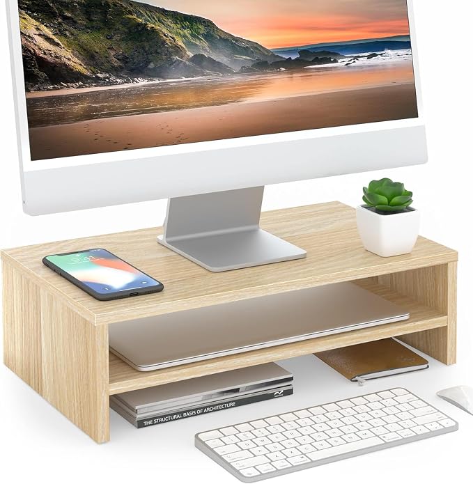 FITUEYES Wooden Monitor Stand Riser, 2-Tier Desk Storage Shelf, Oak | 16.7-Inch Desktop Organizer Fits Laptop, Computer Screen and Office Supplies