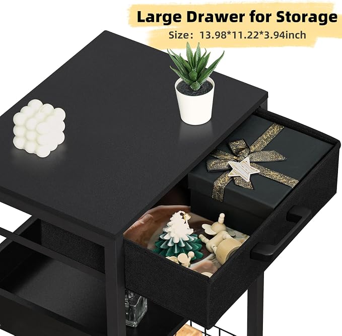 Lerliuo 3-Tier Printer Stand with Fabric Drawer and Shelves, Pure Black | Three-tier printer stand with fabric drawer and two shelves for paper, office supplies, scanners and fax machines