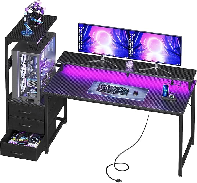 AODK Gaming Desk w/PC Showcase Stand, 59" Reversible, RGB LED, Black | Elevated stand fits Lian Li O11, Hyte Y60. Triple drawers hide cables, controllers, clutter