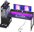 AODK Gaming Desk w/PC Showcase Stand, 59" Reversible, RGB LED, Black | Elevated stand fits Lian Li O11, Hyte Y60. Triple drawers hide cables, controllers, clutter