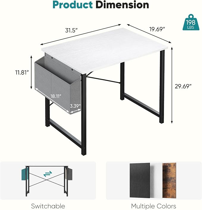 OLIXIS Small Computer Desk, 31 Inch Gaming Desks for Home Office | Writing Study Craft Work Table, Computer Workstation for Bedroom Small Spaces with Storage Bag, White and Black