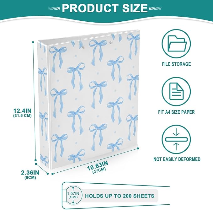 Coquette Blue Bow Watercolor 1.5 Inch Binders 3 Ring for Letter Size Holds 200 Sheets Notebook Binder with Clipboard for Women or Men