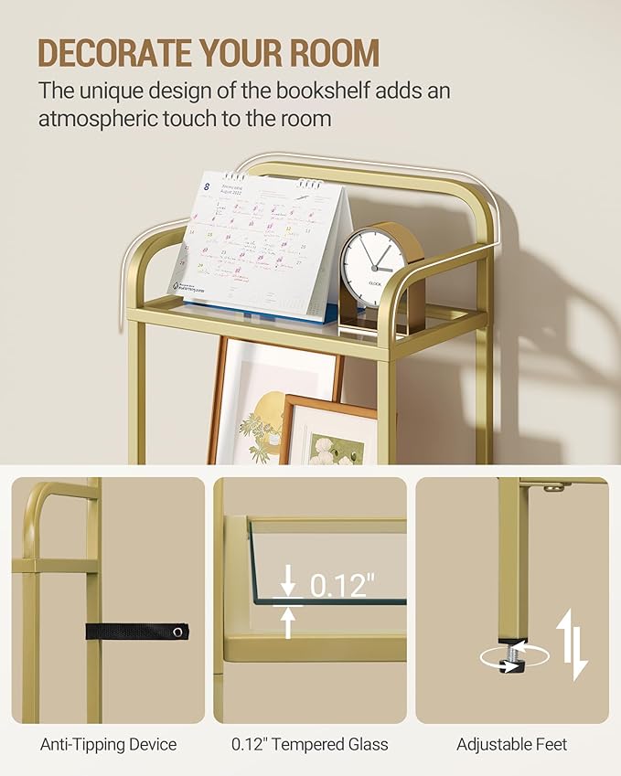 Hzuaneri Bookshelf, Tempered Glass Bookshelves with Lights and Steel Frame | Tall Narrow Bookcase , Display Shelf, Slim Shelving Unit for Living Room, Bedroom, 9.6"D x 15.4"W x 55.9"H Gold BC34599G