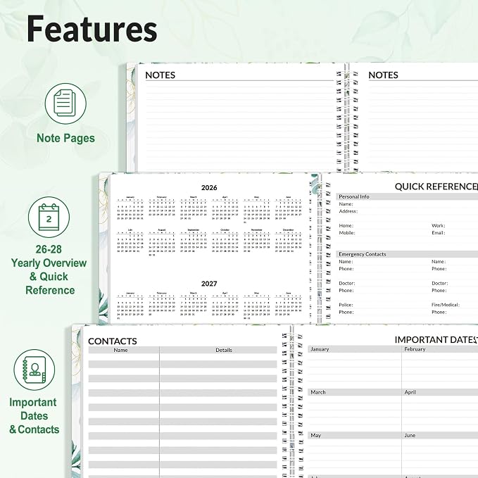 SUNEE 2026-2027 Appointment Book, Quarter-Hourly, Weekly & Monthly - from July 2026 to June 2027, 8.5"x11" Academic Planner, Flexible Cover, Note Pages, Bookmark, Spiral Binding, Greenery
