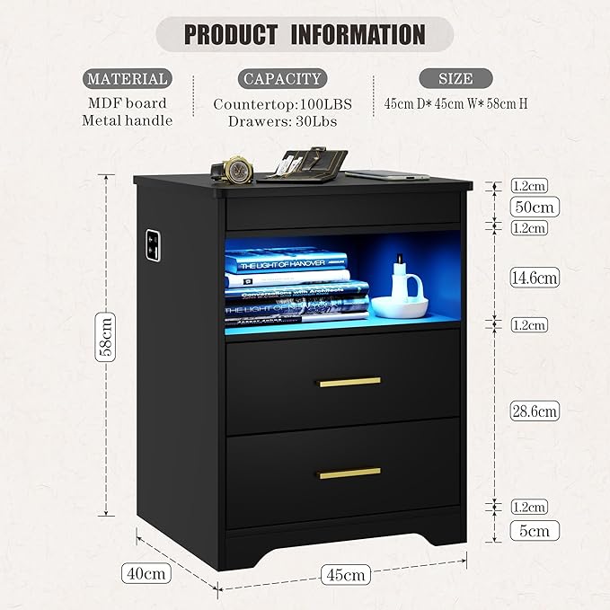 LED Nightstand with Gun Drawer & Charging Station | 3-Color Lights & Human Body Sensor, Smart USB Type-c, 2 Drawers Hidden Storage, End Table Bedroom Livingroom