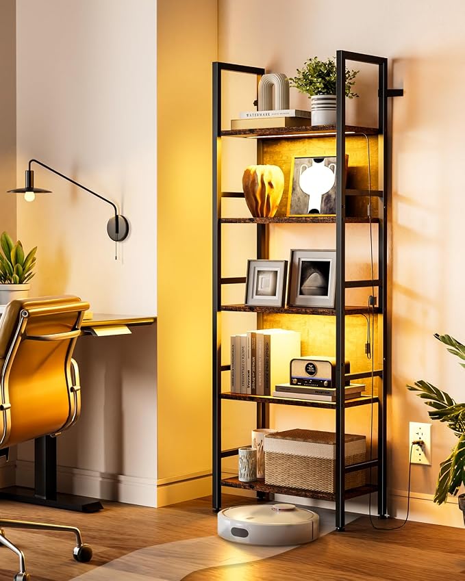 Dunatou 5 Tier Tall LED Book Shelf, 6FT Tall Standing Shelves with RGB Lights, 24'' Wide Lighted Wood Book Shelf 70 Inch Tall, Dimmable Light Up Wooden Bookcase for Bedroom Living Room Office
