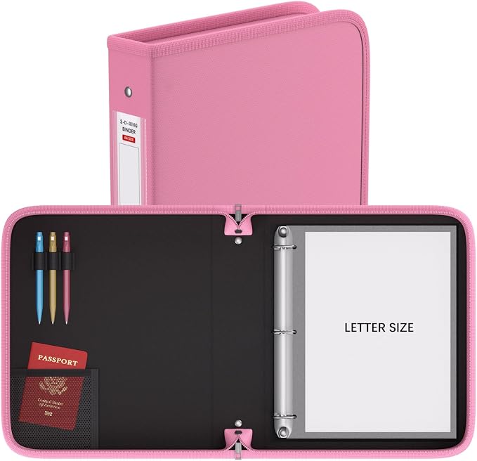 Fireproof 3 Ring Binder with Zipper, 1.5" D Rings Holds 375 Sheets | Fits Letter Size,Compatible with Clear Page Protectors,Built-in Net Pouch Pen Holder,Portable Safe Storage,1 Pack,Pink
