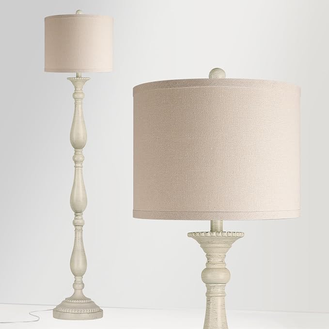 Vintage Floor Lamp for Living Room, Rustic Farmhouse Standing Lamp with Rotary Switch and Linen Shade, Retro Resin Floor Lamp for Bedroom, Corner, Dining Room, House Decor, White