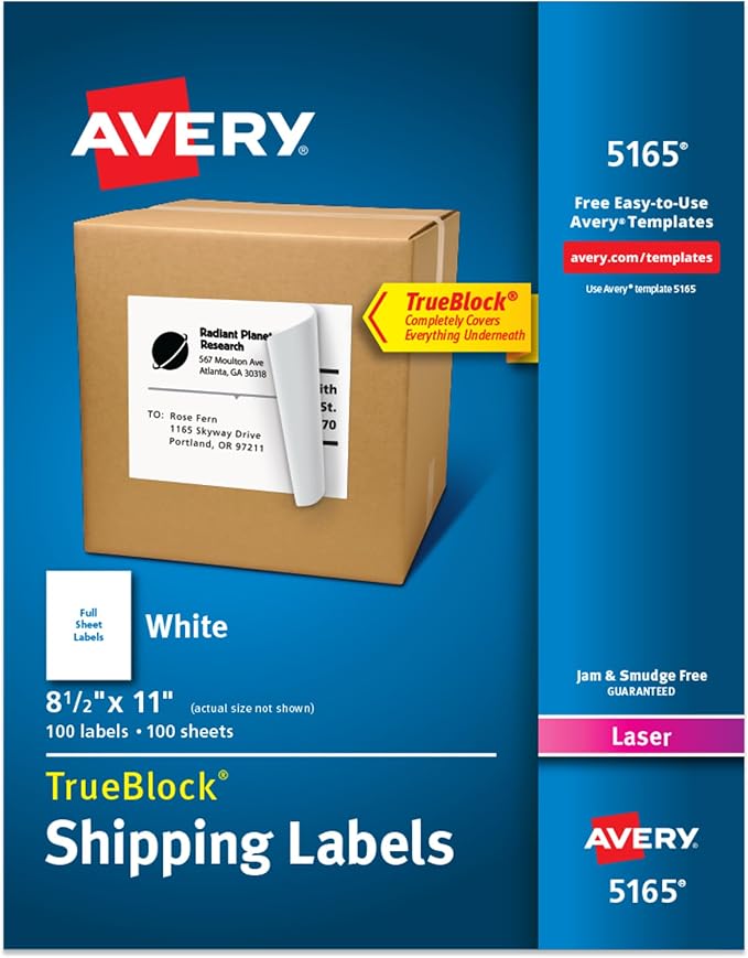 Avery Full-Sheet Printable Shipping Labels, 8.5" x 11" Customizable Stickers, White, 100 Blank Mailing Labels, Great for Mailing, Shipping, Organizing, and More (5165)