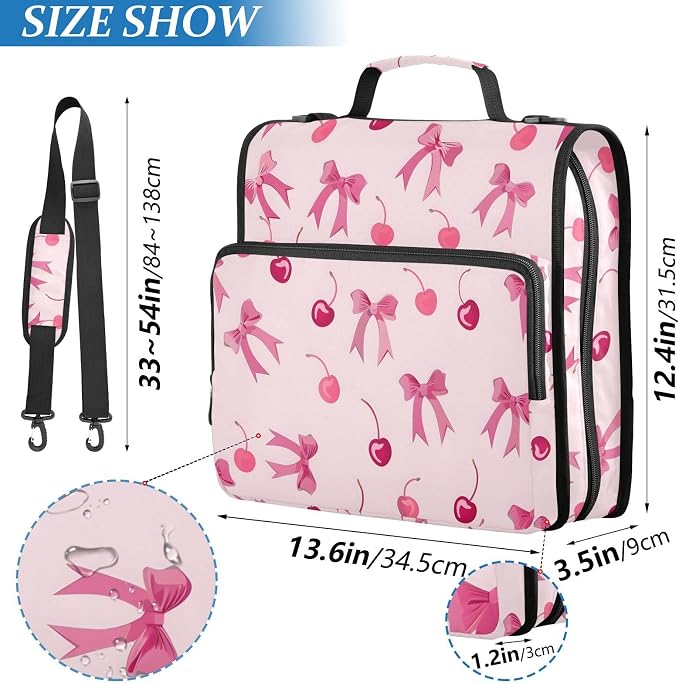 Pink Bows Cherry 3 Ring Binder Bag 1.5 inch Binder Organizer with Zipper Shoulder Strap 500 Sheet Documents Storage for School Office
