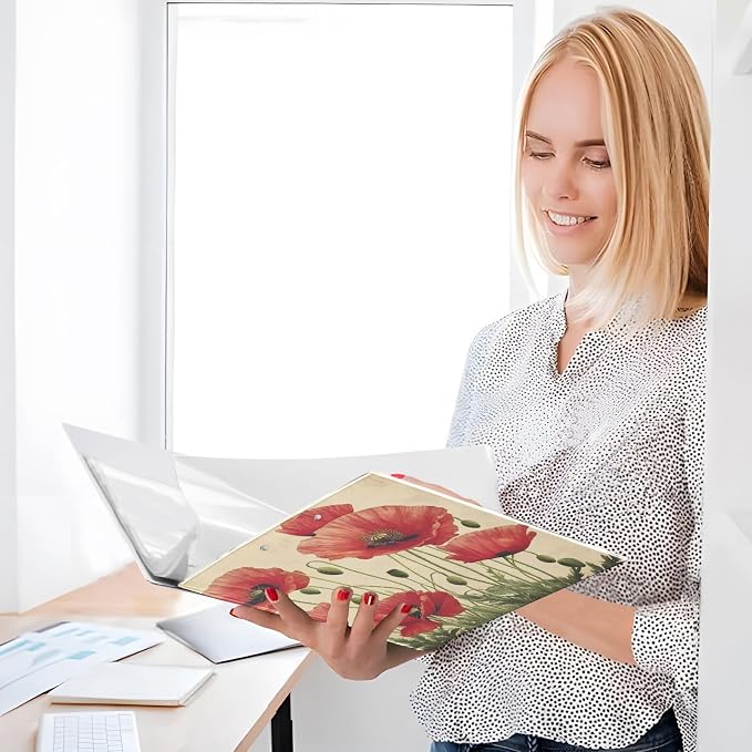 3 Ring Binder Red Poppy Flowers Vintage Poppies Floral 1.5 inch Binders Three Ring Binders with Clipboard Fit 8.5'' x 11'' Paper 3 Interior PVC Clear Pockets for Office Supplies