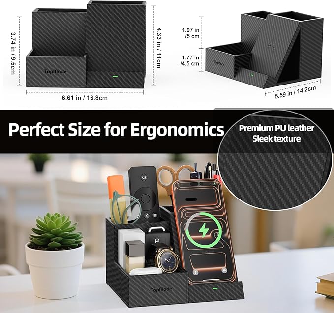 TopMade Wireless Charger Nightstand Organizer, Multi-Functional Pen/Pencil/Remote Holder for Desk, Leather Desktop Organizers, Home Office Supplies Fast Phone Charging Stand, Black Carbon Fiber