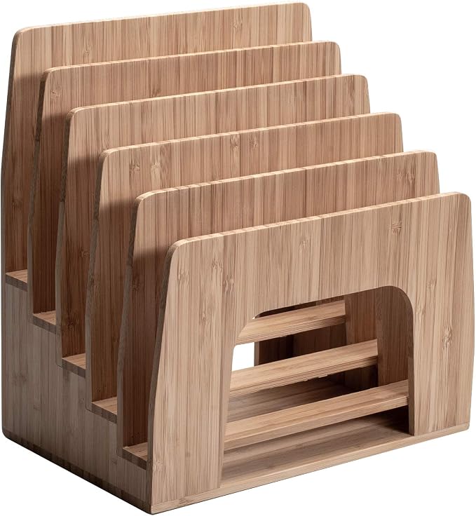 MobileVision Bamboo Desktop Inclined File Folder Organizer and Paper Tray, Upright Sections, Step Sorter, 5 Slots