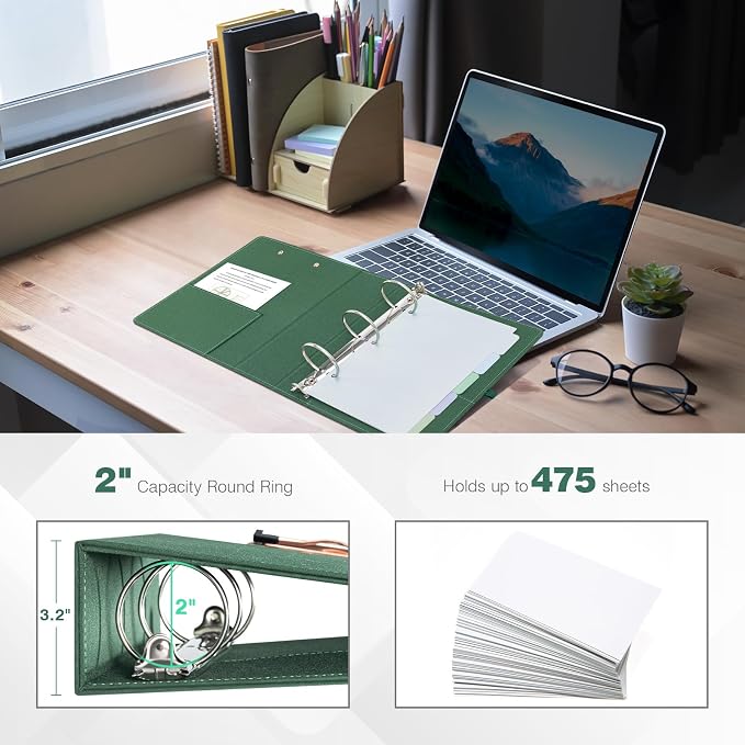 Ospelelf Mini 3 Ring Green Binder 2 inch, 5.5 x 8.5 Small Clipboard Binders Dividers with Tabs, Linen Binder Organizer for Office, School