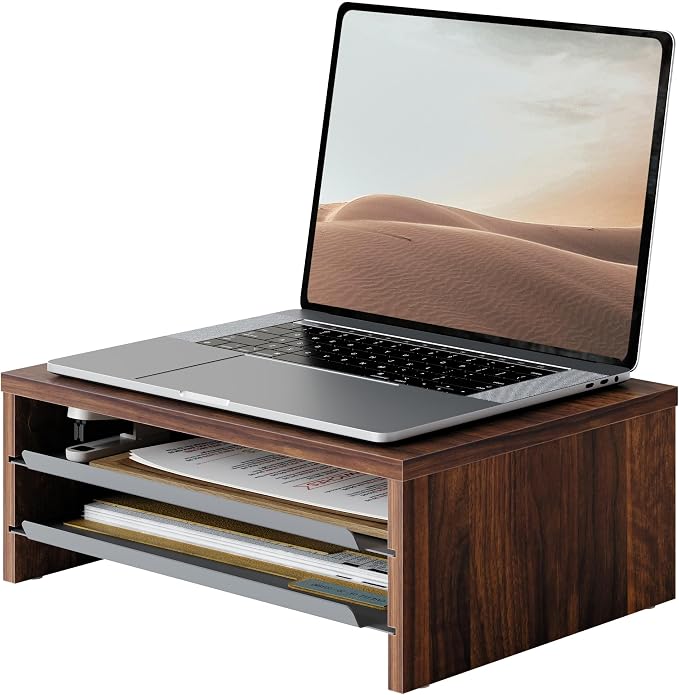 Fenge 14.3-Inch Monitor Stand with Slide-Out Trays, Wood & Metal Desk Shelf | 3-Tier Space-Saving Desk Storage Organizer, Fits Computer, Laptop, Printer and Telephone
