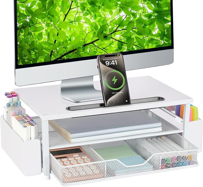 AUPSEN White Monitor Stand Riser, 2-Tier Wood Computer Desk Organizer with Drawer, Pen Storage & Phone Holder, Office Desk Accessories Desktop Organizer for Office Supplies (White)