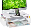 AUPSEN White Monitor Stand Riser, 2-Tier Wood Computer Desk Organizer with Drawer, Pen Storage & Phone Holder, Office Desk Accessories Desktop Organizer for Office Supplies (White)