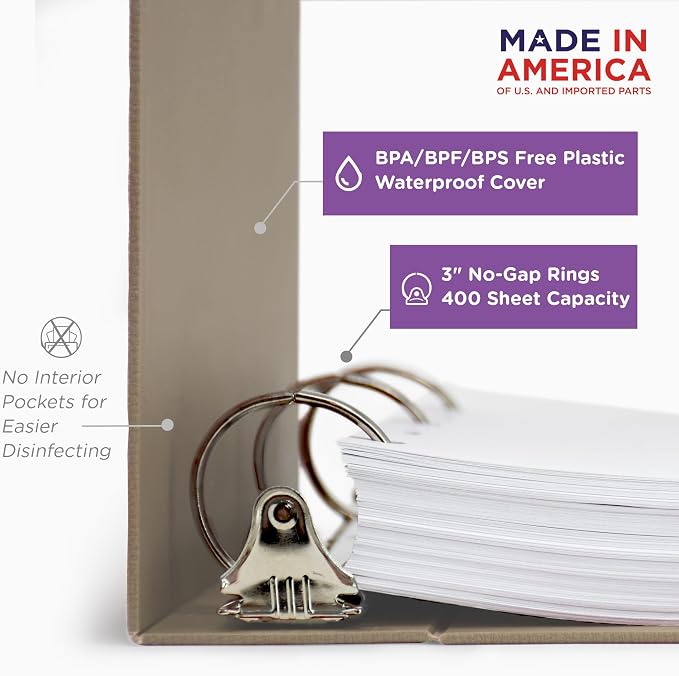Carstens 3-Inch Heavy Duty 3-Ring Binder - Top Opening, Sand, Durable Plastic, No-Gap Rings, Waterproof Cover, No Pockets, Holds 400 US Letter Sheets, BPA-Free, Made in USA (1783-3R), Case of 12