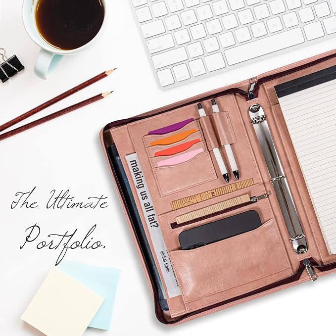 Calfinder Leather 3 Ring Portfolio Binder with Zipper, Professional Business Padfolio Organizer for Women, A4 Letter Document Folder Case for Interview, Resume & 13 inch Laptop