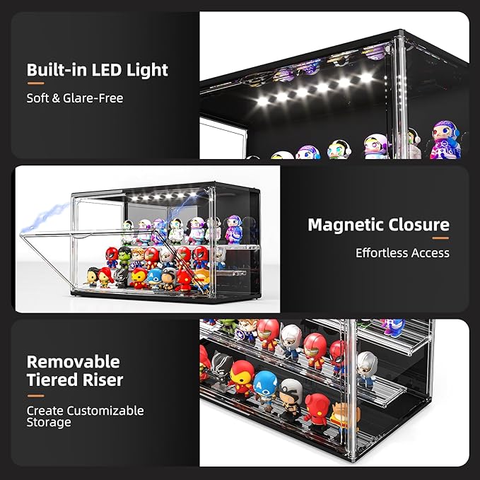 Acrylic Display Case for Collectibles with LED Light, 3 Layer Adjustable Figure Display Case with Magnetic Door, Lighted Display Box Stackable Clear Blind Box for Action Figure, Popmart, 1 Pack, Black