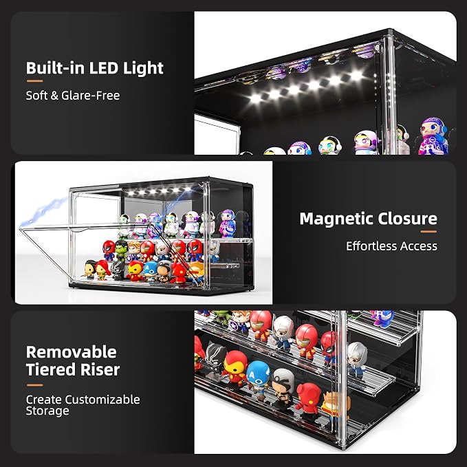 Acrylic Display Case for Collectibles with LED Light, 3 Layer Adjustable Figure Display Case with Magnetic Door, Lighted Display Box Stackable Clear Blind Box for Action Figure, Popmart, 2 Pack, Black