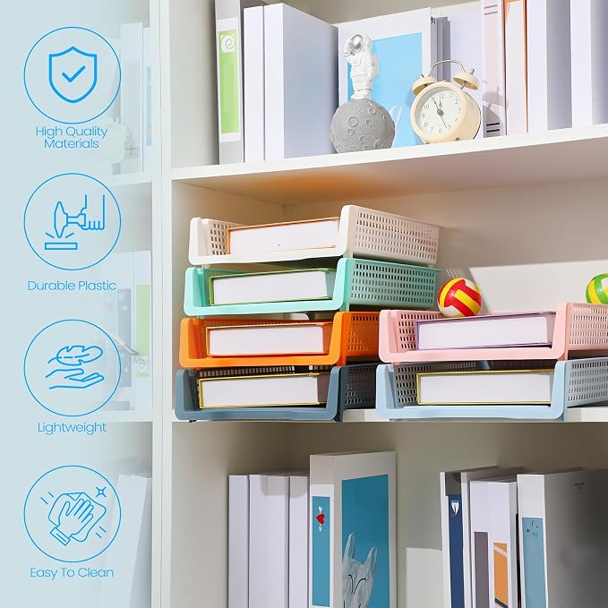 Weysat 6 Pcs Turn in Trays Classroom, Stackable Paper Tray for Classroom Organization Plastic Desk File Organizer Bin Basket for Library Drawer Teacher Office Document Storage (Pastel,Narrow)