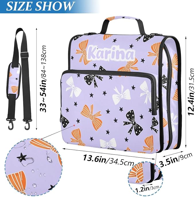 Custom Bow Star Black Print 3 Ring Zipper Binder with Shoulder Strap & Handle 1.5 Inch D-Ring Zippered Bag with Multiple Pocket, Personalized Binder Organizer for School or Office