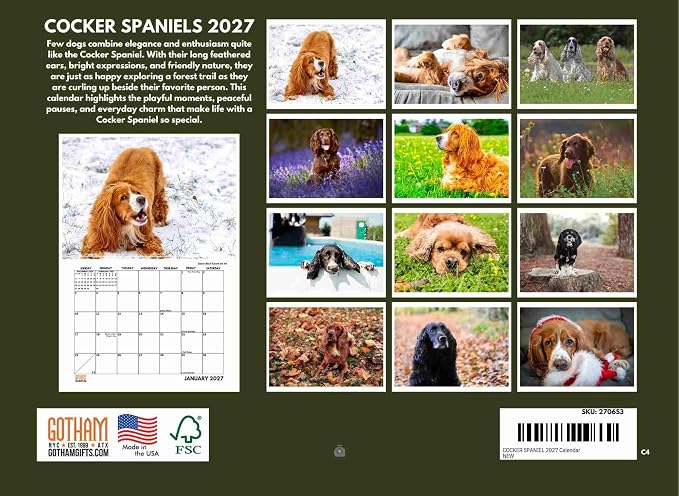 Cocker Spaniel Calendar 2027 Monthly Wall Calender 12 Month