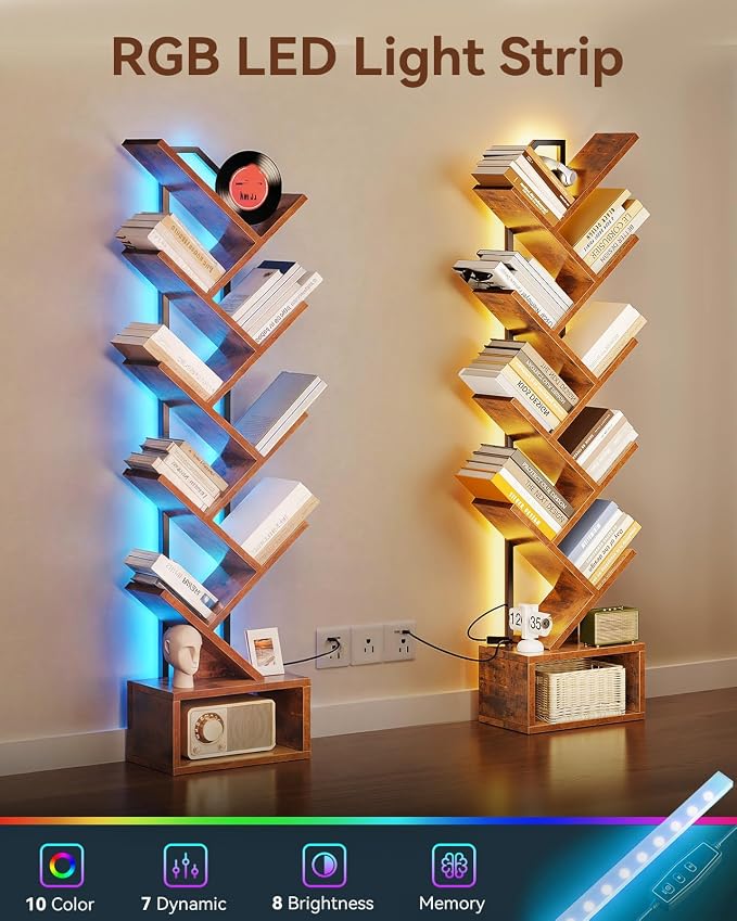 Casaottima Tree Bookshelf with LED Lights, 8-Tier Small Bookshelf, Vintage | Narrow Bookcase for Small Spaces, Steel & Wood Storage Shelf with Cabinet, Home Organizer for Living Room, Bedroom, Office