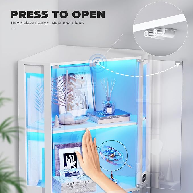 BROTTAR Lighted Corner Display Cabinet with Glass Doors for Collectibles | 65" Curio Cabinet with 3 Color LED Lights, 4-Tier Showcase Display Case with Human Body Sensor for Trophies, Books, White
