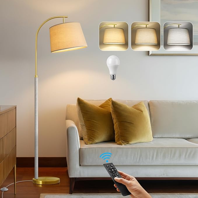 G-SAFAVA Real Wood Floor Lamps for Living Room Bedroom, 62.5" Mid Century Modern Lamp Gold Standing Tall Arc Lamps with Foot Switch, Floor Lamps for Nursery Office Decor Corner Reading Room Light