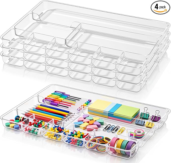 4 Pcs Desk Drawer Organizer Tray 14" x 9" x 1",Clear | Shallow Desk Drawer Organizer with 9 Storage Compartments for Home Office Classroom School Organizing Pens Paper Clips