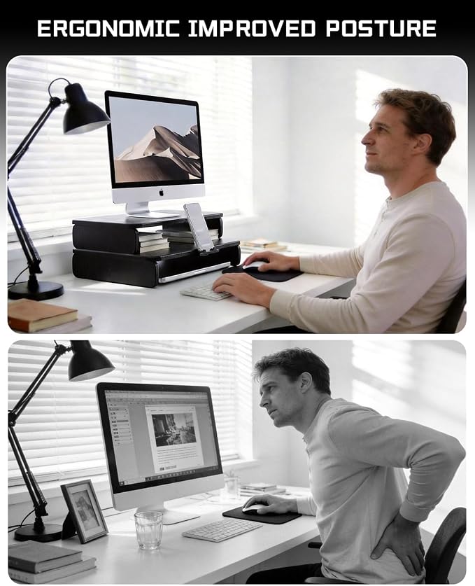 Dual-Layer Monitor Stand Riser, 2-Tier Ergonomic Desk Organizer with Hidden Phone Holder & Cable Management, Multi-use Desk Stand for Computer, Laptop, Office Supplies, Black