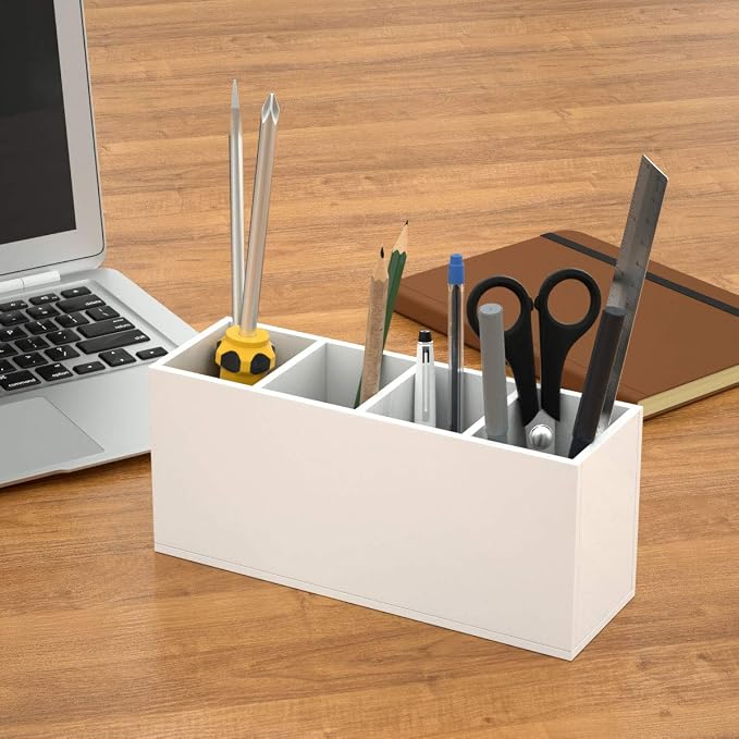 NIUBEE Acrylic Pen Holder 4 Compartments, White Pencil Organizer Cup for Countertop Desk Accessory Storage (White) | Scratch-resistant thick acrylic with 4 slots for pens, pencils, makeup brushes, office, vanity and school use