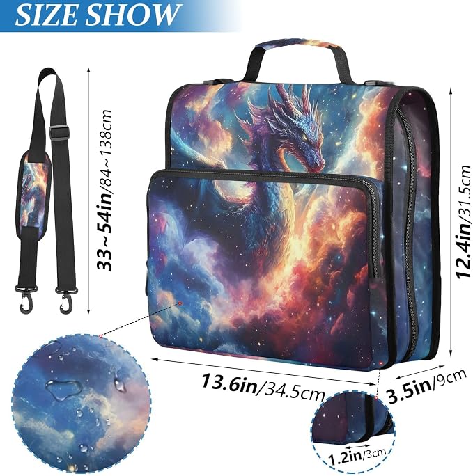 3 Ring Zipper Binder with Shoulder Strap Dragon Galaxy Purple Space 2 Inch Zippered Binder Bag 500 Sheet Capacity Multi Pockets for School Supplies